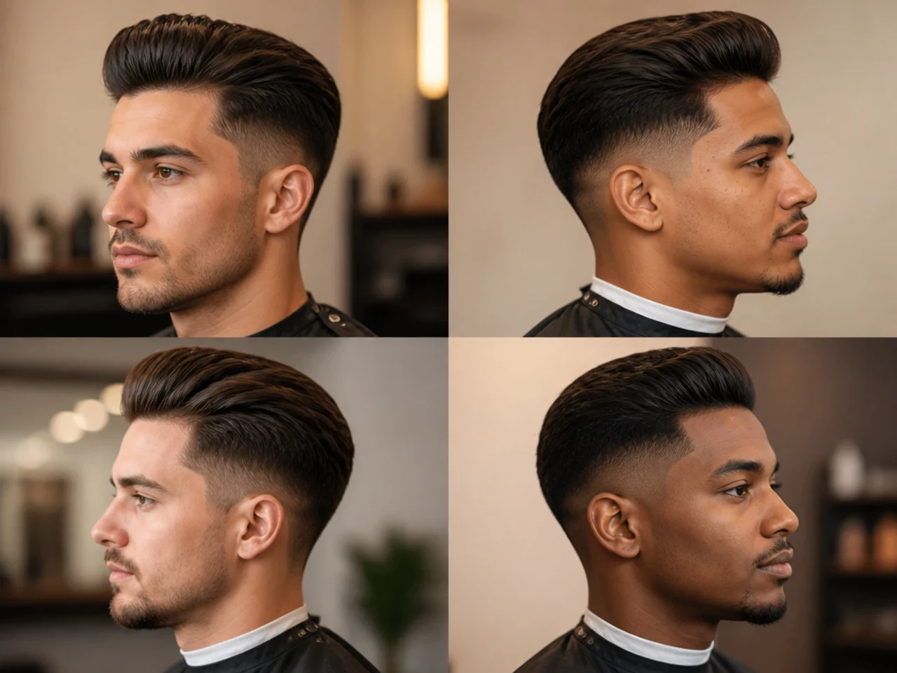 Low fade pompadour haircut with volume on top and clean sides