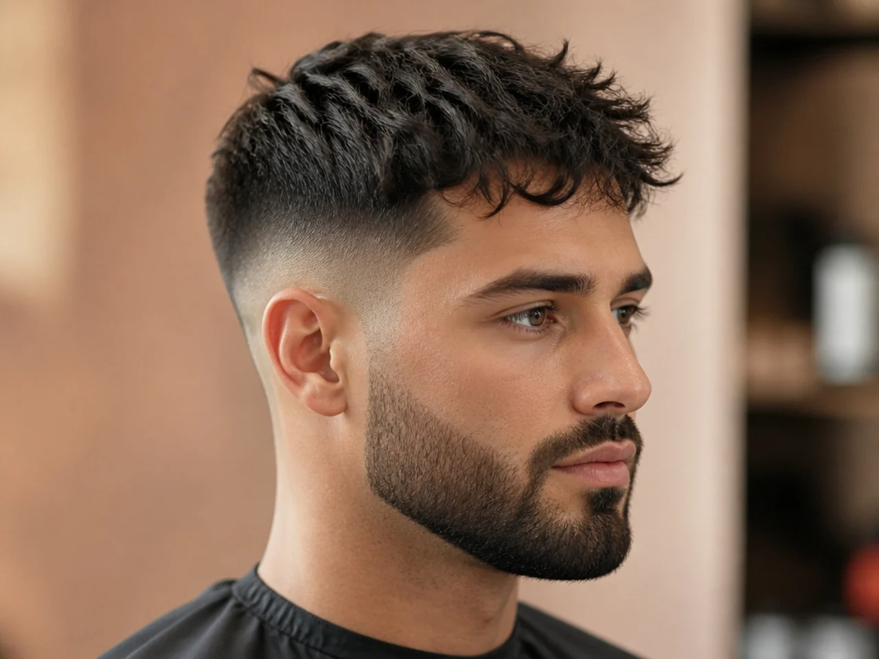 Man showing a barber a reference photo for a clean low fade haircut