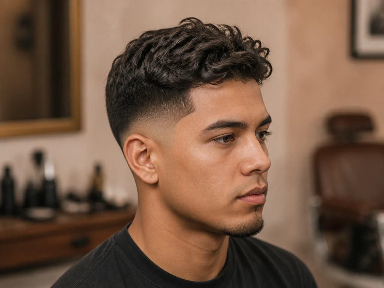 Side profile of a clean low fade haircut on a man starting just above the ear