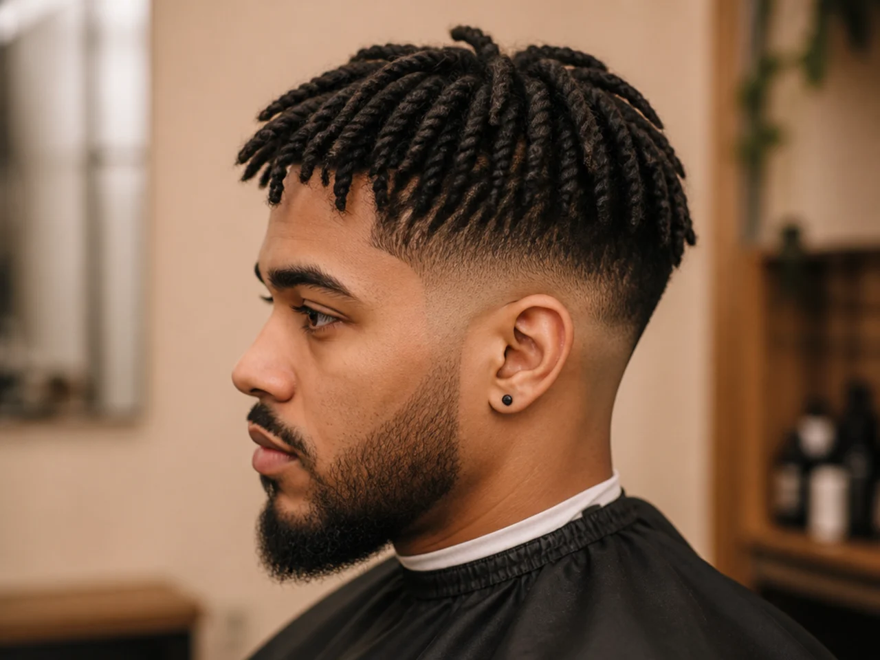 Small two-strand twists left in on a three-inch 4C top with a clean low skin fade on a Black man