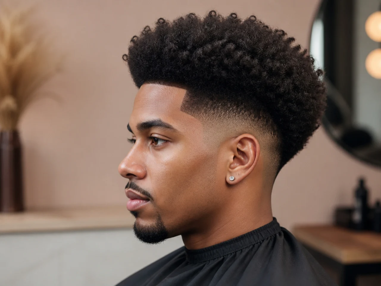 Three-to-four-inch blown-out afro picked into a full round crown with a skin-sharp low fade on the sides on a Black man