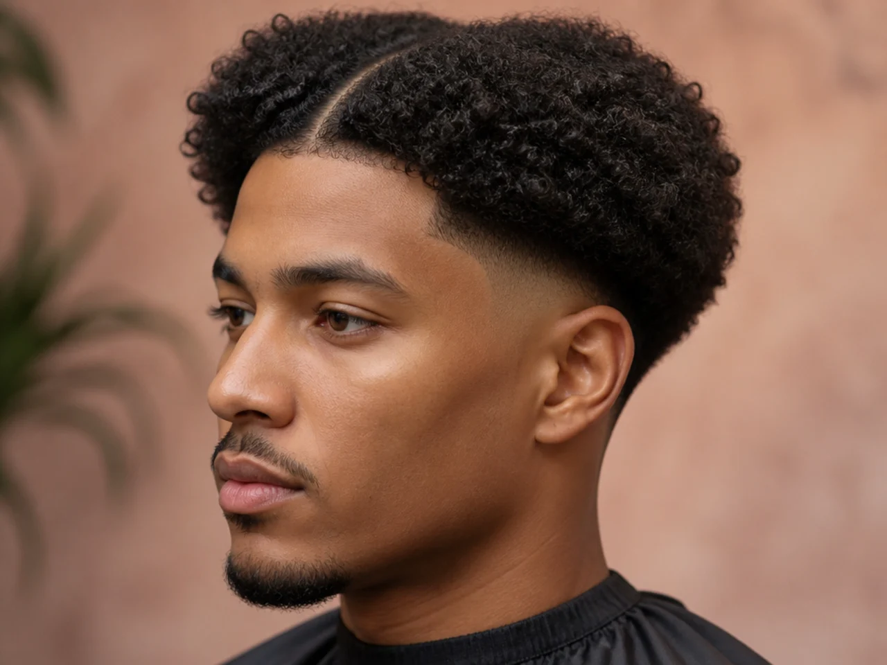 Kinky 4A coily hair split into a natural middle part with a low skin fade at the sides on a Black man