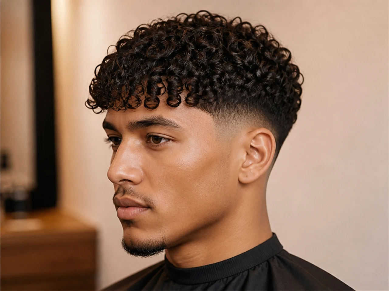 Three-inch 4A afro with the front pieces left long enough to fall as a soft curly fringe past the brows with a low skin fade on the sides on a Black man