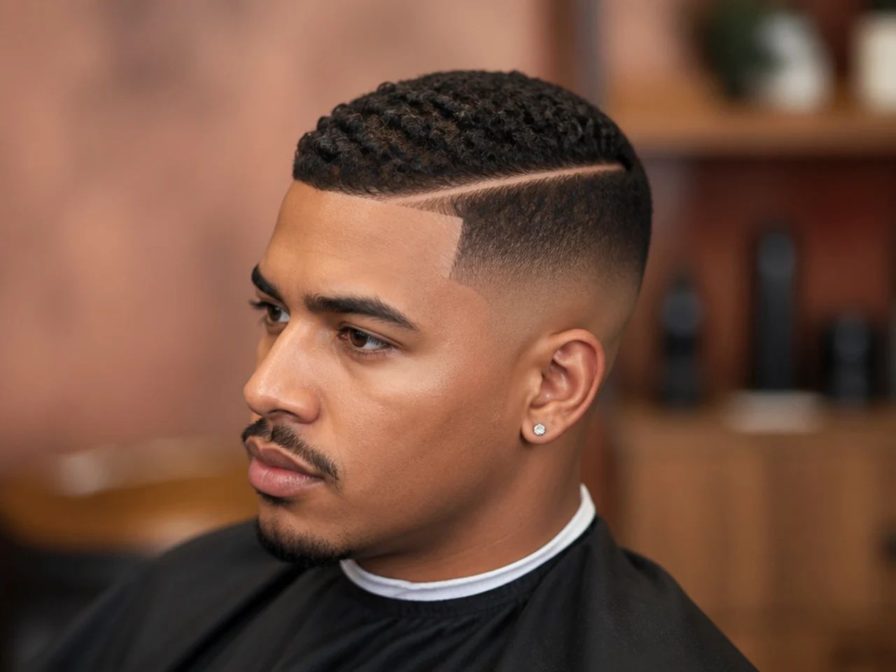 Low skin fade with a razored hard part along the left side and a three-inch afro on top on a Black man
