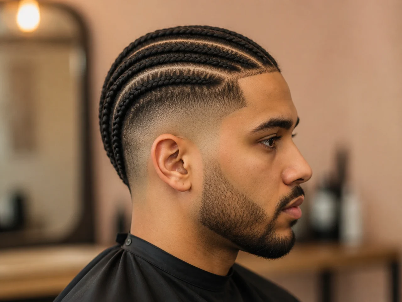 Six to eight neat straight-back cornrows running from forehead to nape with a clean low skin fade on the sides on a Black man