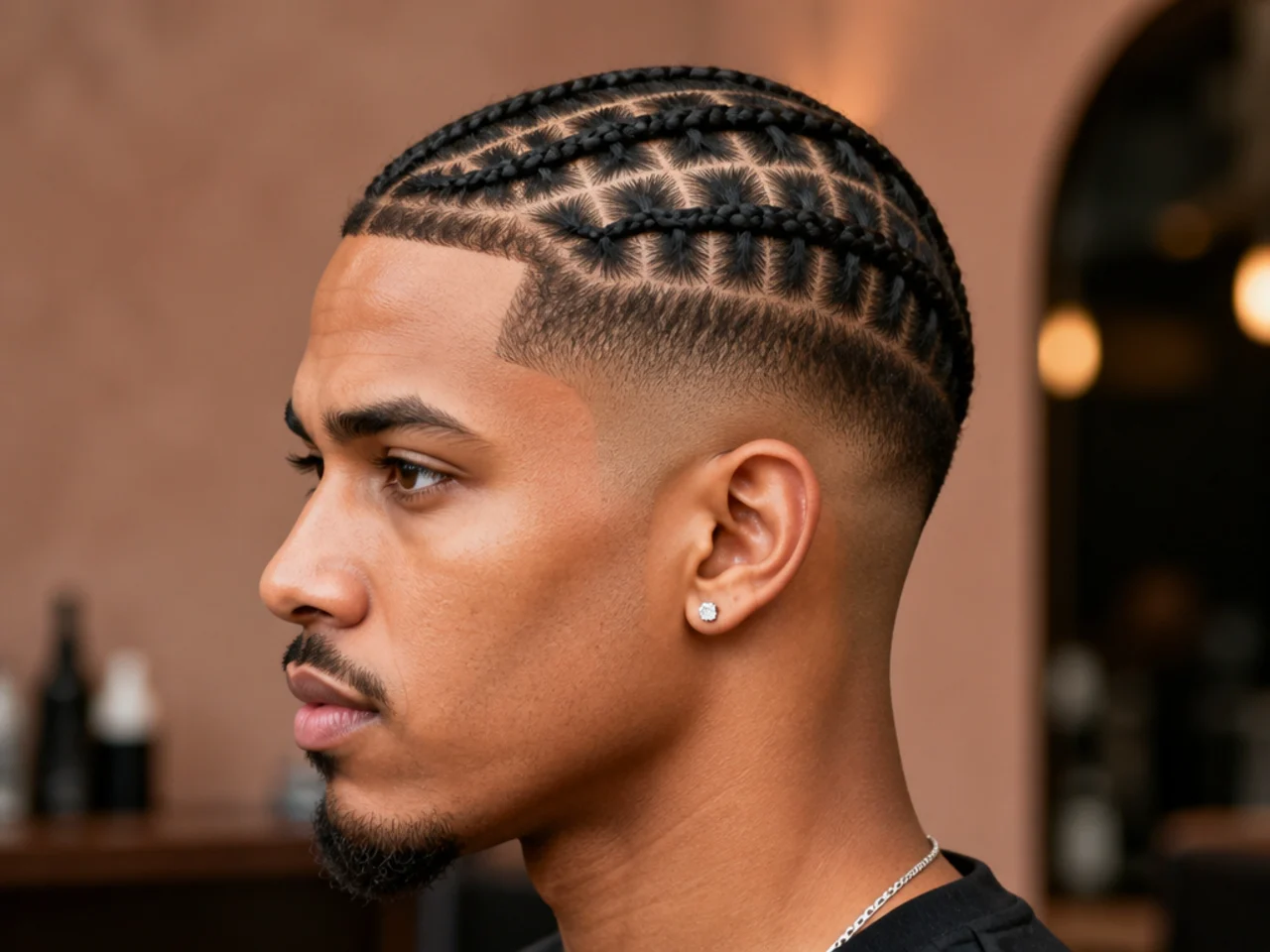 Zigzag cornrow design pattern across the top of the head with a clean low skin fade on the sides on a Black man