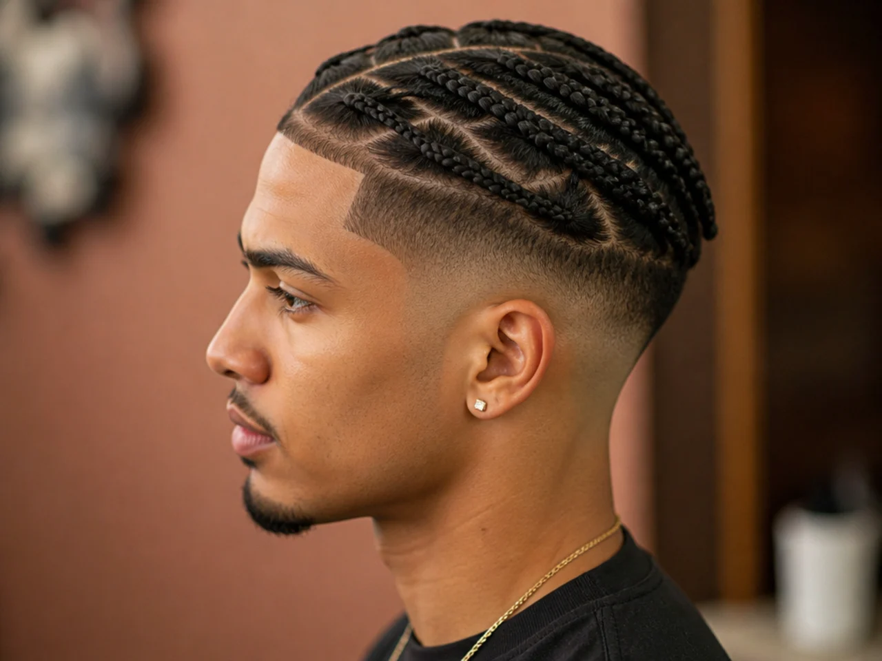 Medium-sized box braids across the full top with a clean low skin fade at the sides on a Black man