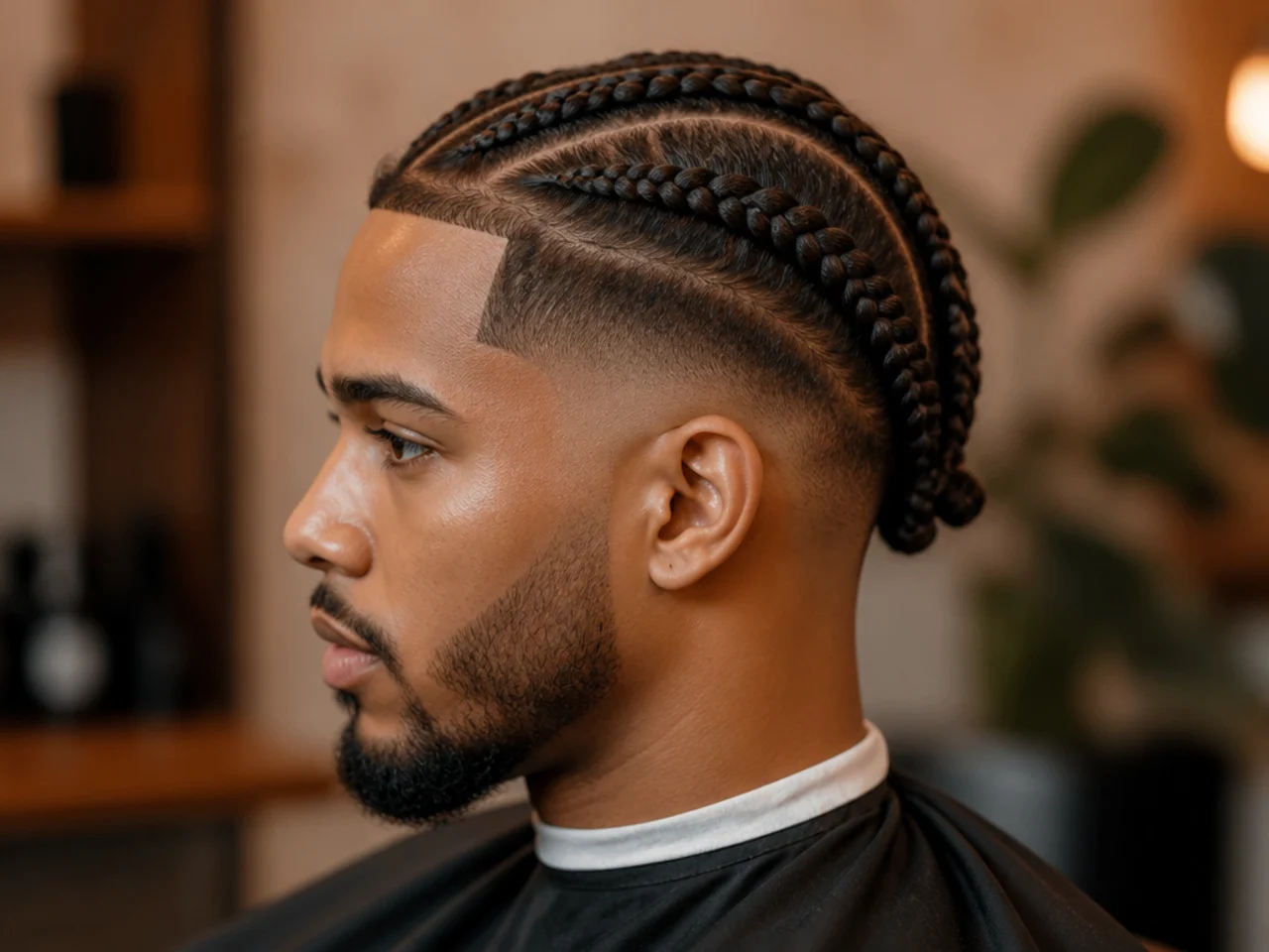 Knotless braids across the top with soft flat roots and a clean low skin fade at the sides on a Black man