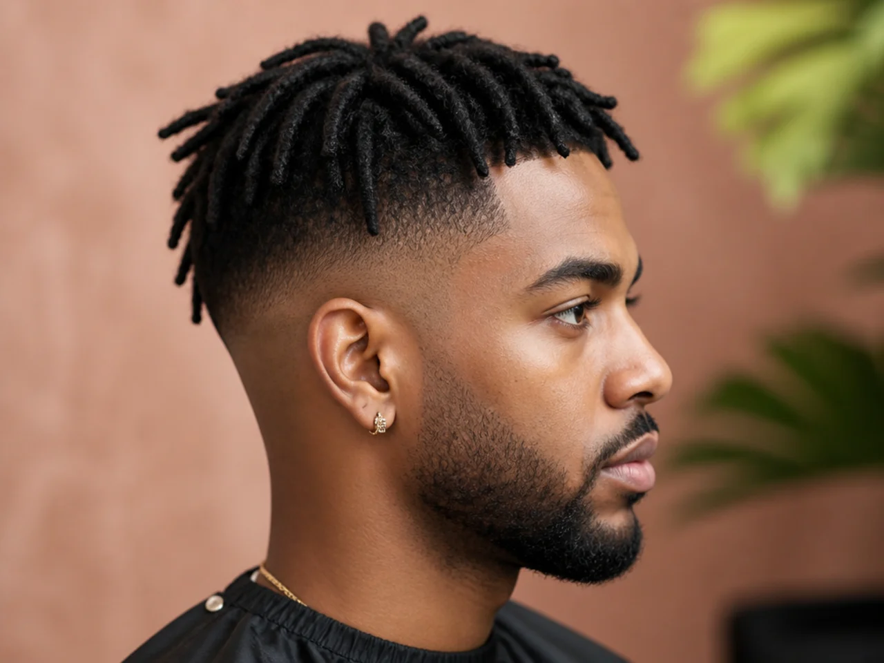 Starter locs three to four inches long on the crown blending into a loose afro at the front with a low skin fade on the sides on a Black man