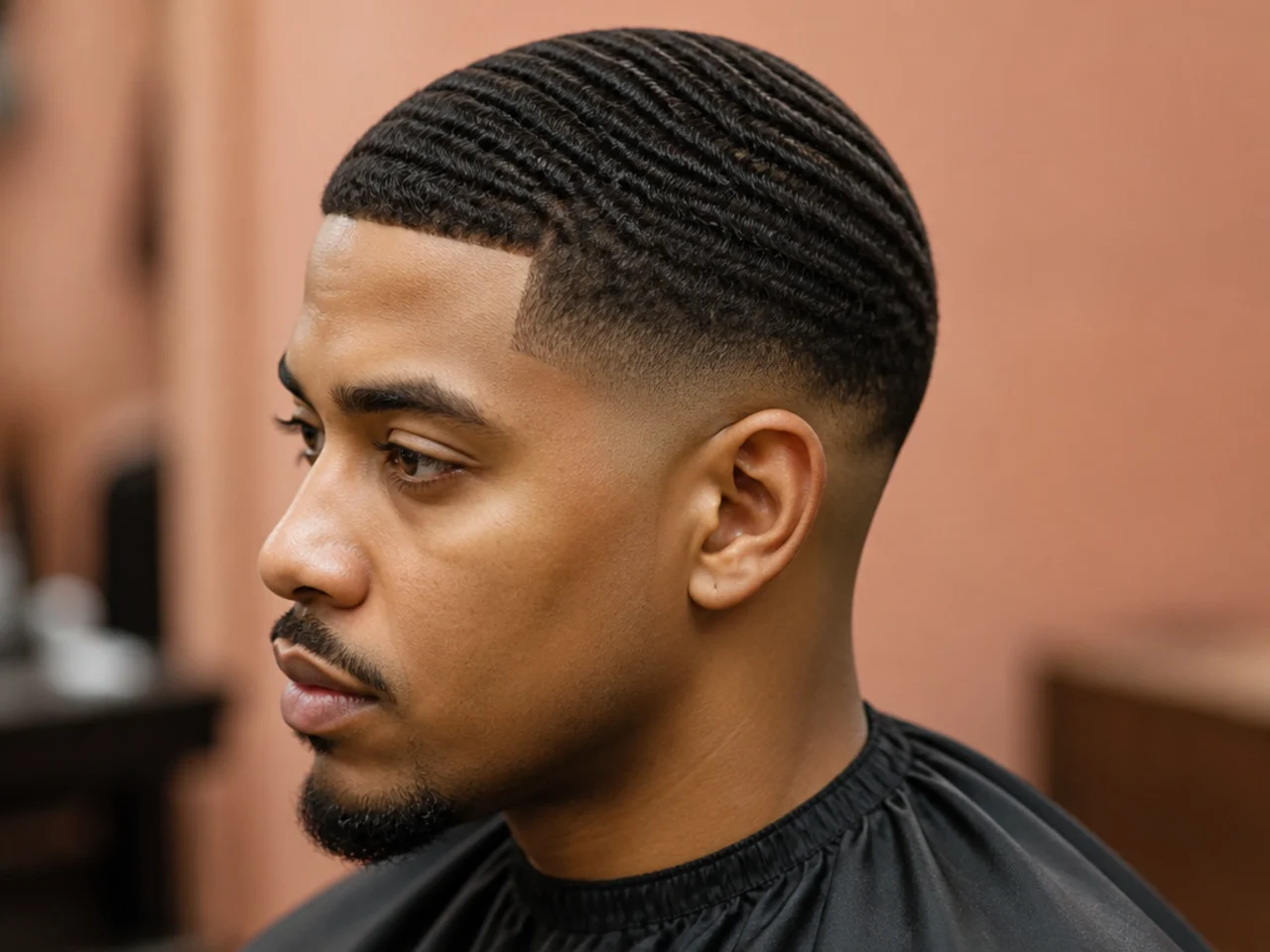 Deep 360 waves brushed into a short top with a clean low skin fade at the sides on a Black man