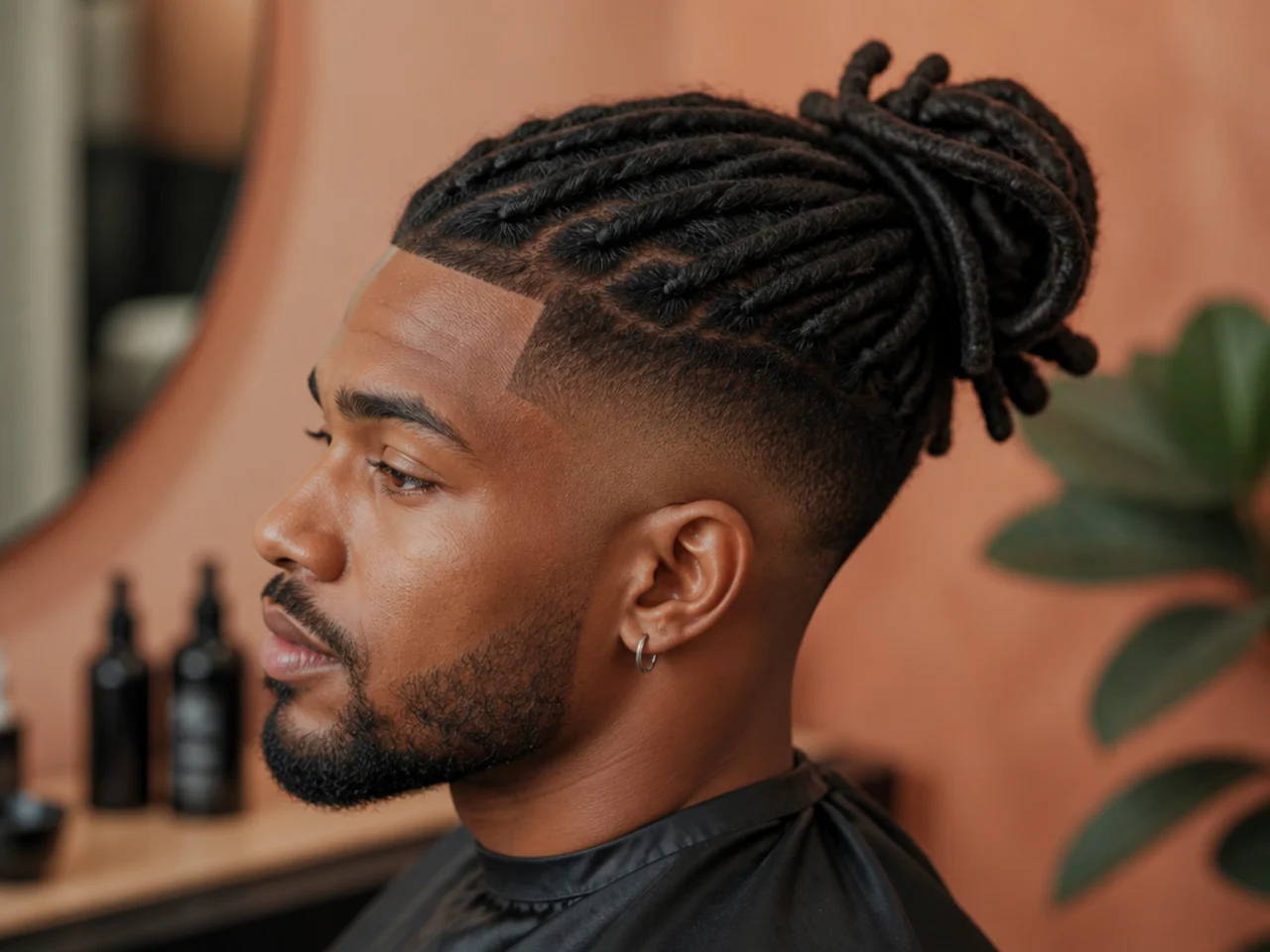 Mature shoulder-length locs pulled into a top bun with a clean low skin fade at the sides on a Black man