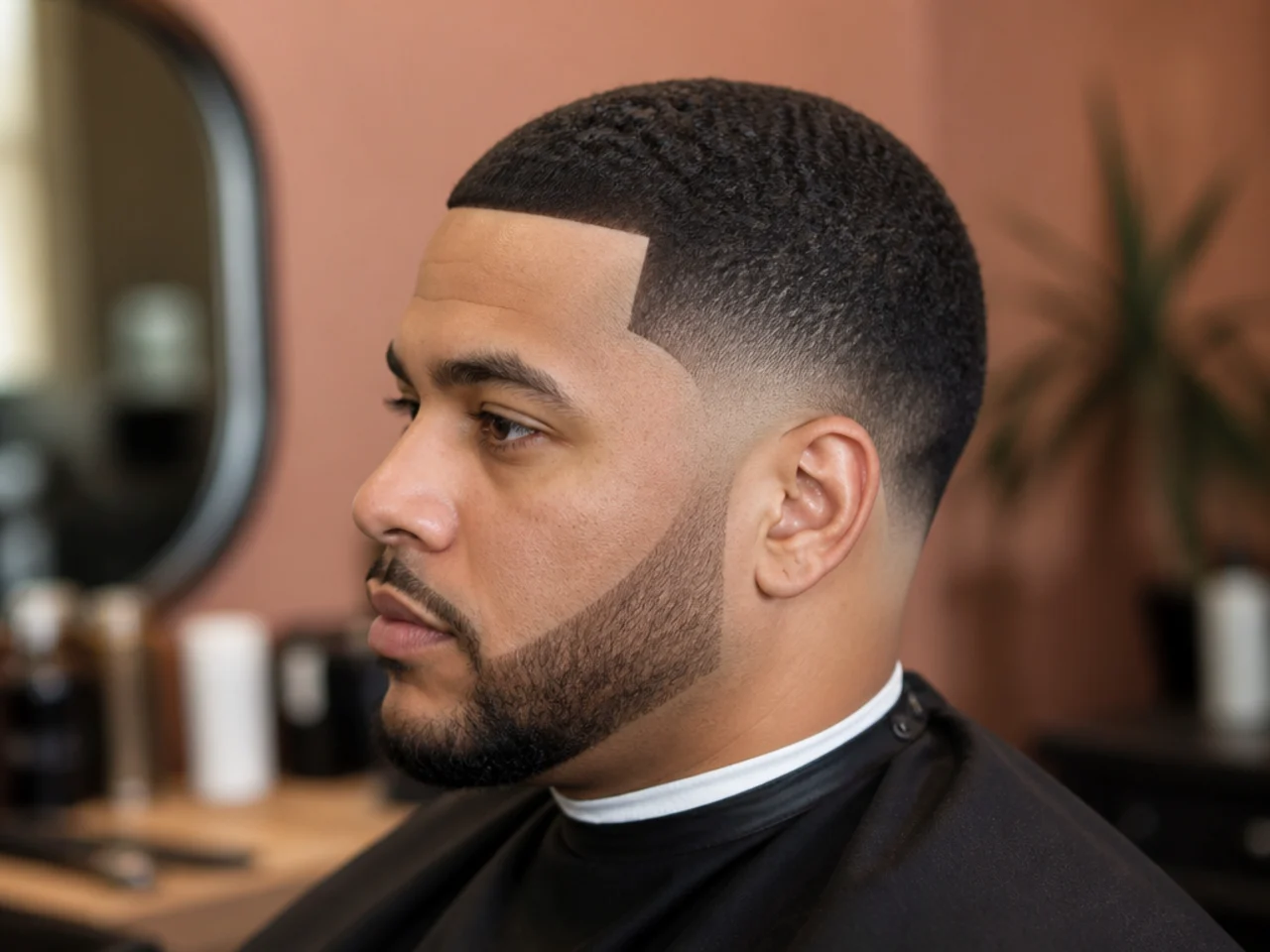 Low skin fade with a razor-sharp line-up at the forehead and temples framing a two-inch 4B afro on a Black man