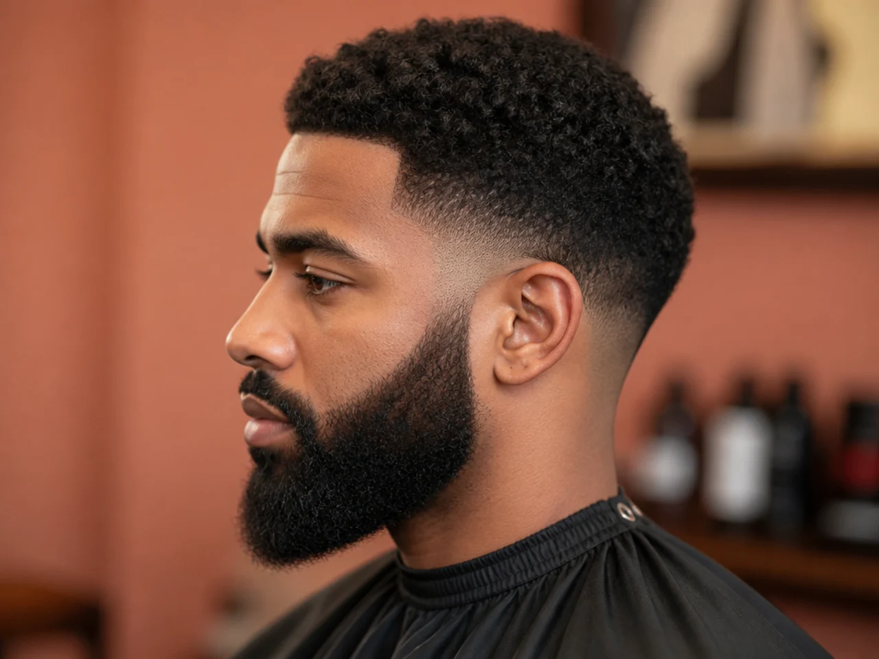 Textured two-inch afro with a full matched beard blended into a low skin fade on the sides on a Black man