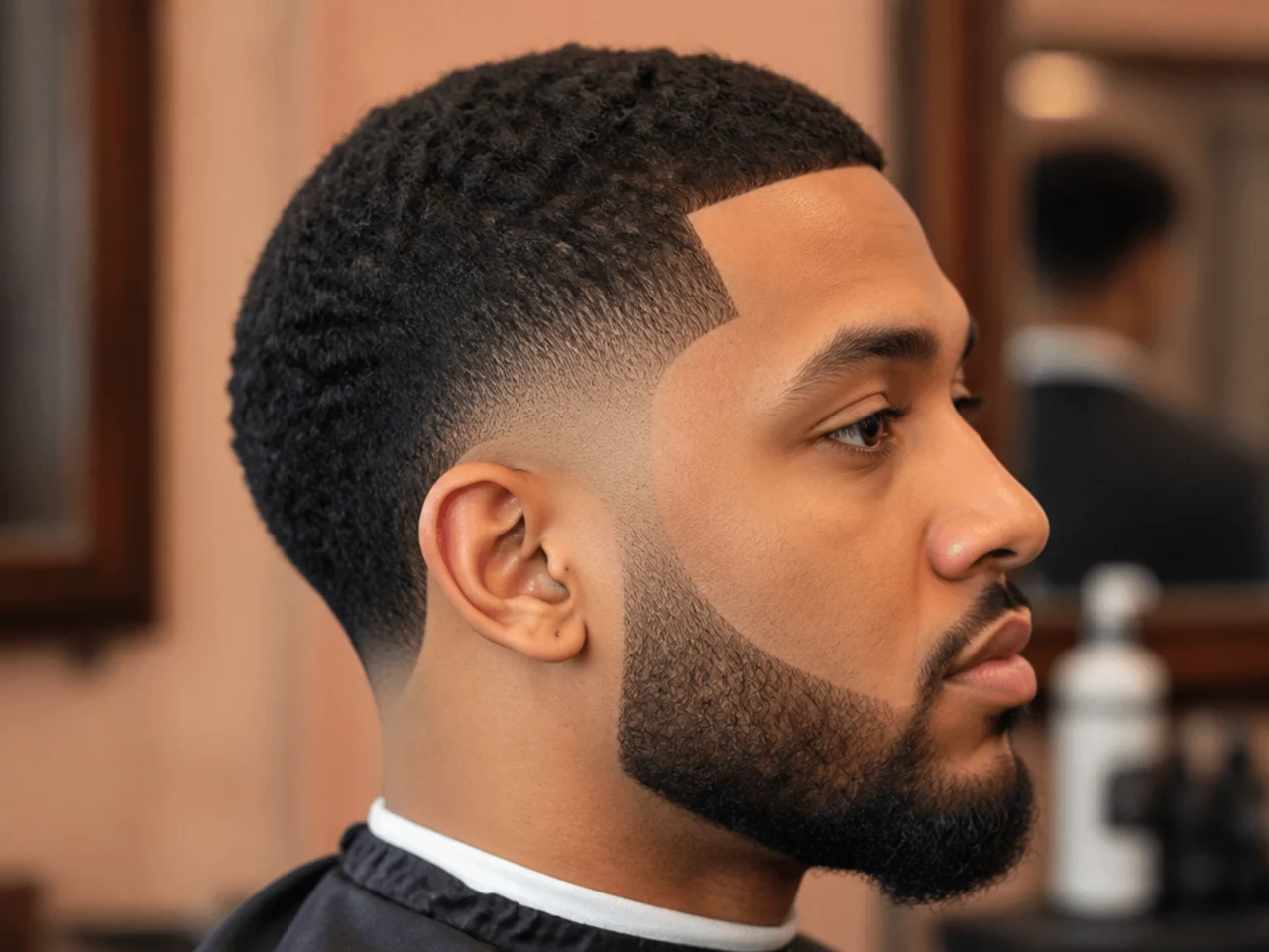 Low drop fade with the transition line arcing behind the ear and a three-inch textured afro on top on a Black man