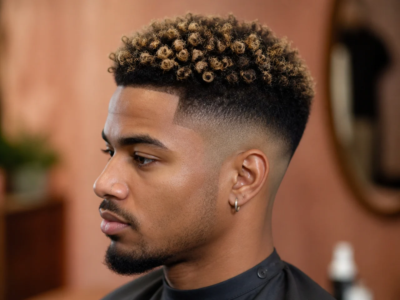 Three-inch afro with bleached frosted blonde tips over dark natural roots and a low skin fade on the sides on a Black man