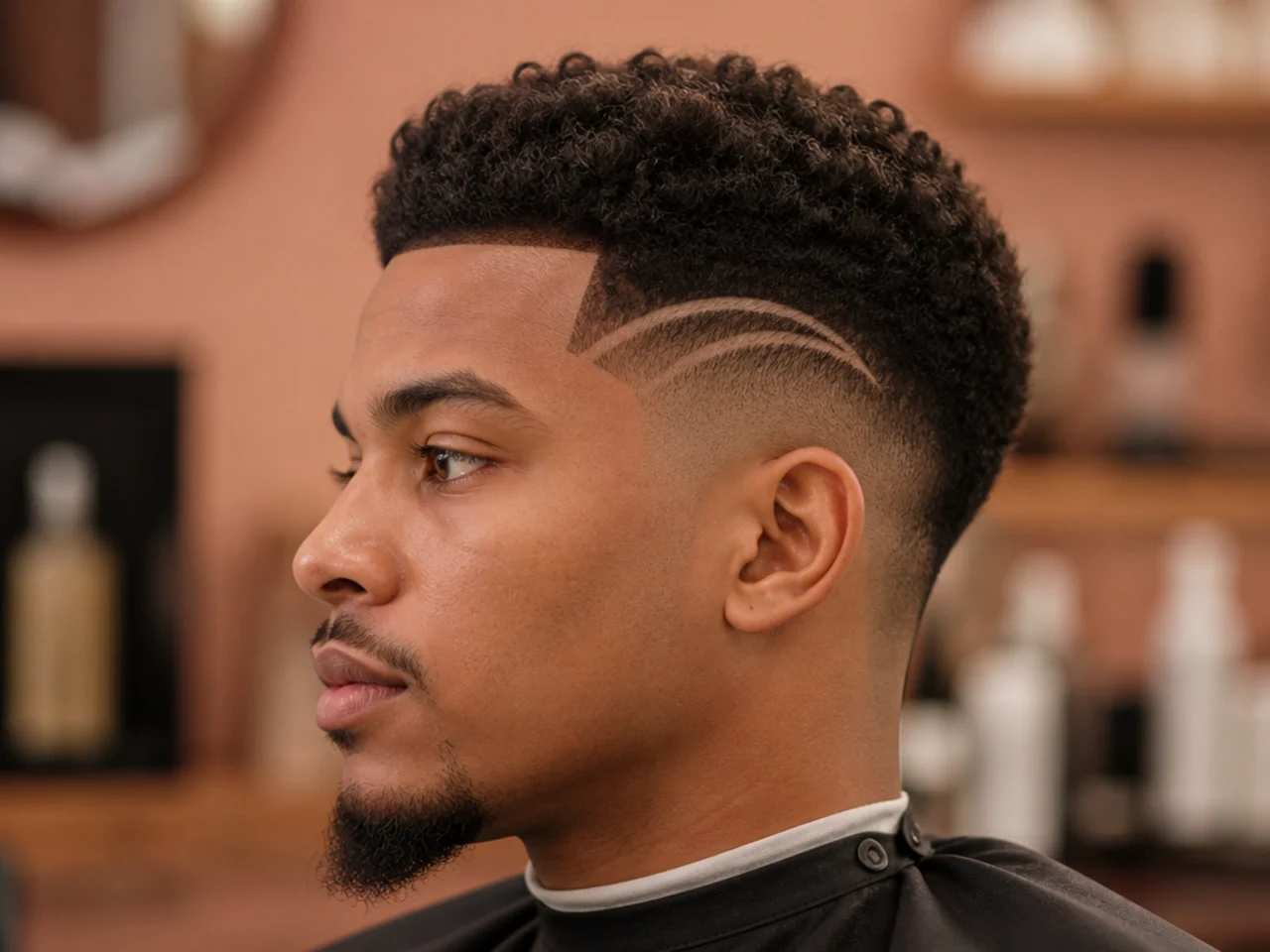 Low skin fade with a razor-etched star and line design on the side above the temple and a two-inch afro on top on a Black man