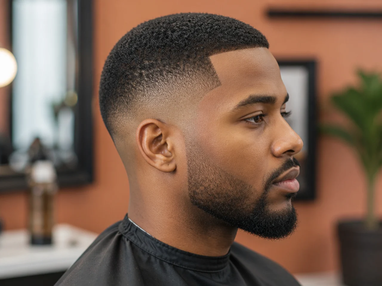 Half-inch TWA teeny weeny afro on 4B hair with a clean low skin fade and a razor line-up on a Black man