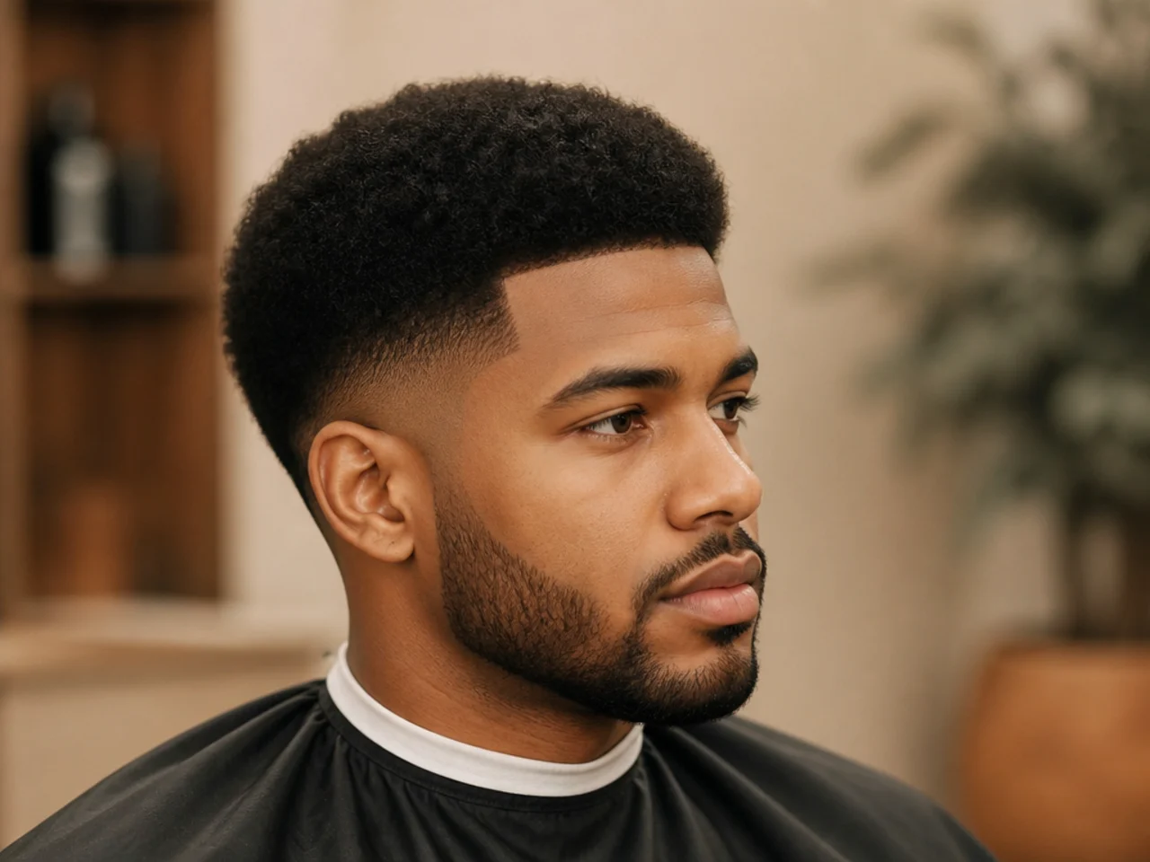 Rounded one-and-a-half-inch 4B afro cut into a clean dome shape with a skin-sharp low fade on a Black man