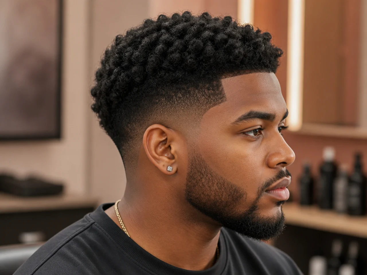 Tight uniform sponge-twist coils on a two-and-a-half-inch 4C afro top with a clean low skin fade on a Black man
