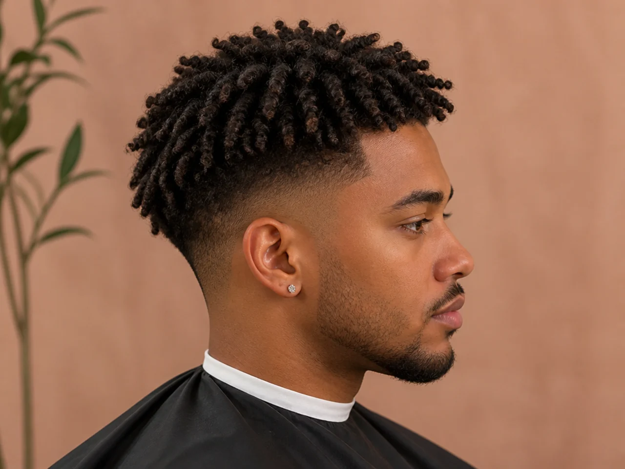 Defined S-coil twist-out on a three-inch 4B afro top with a low skin fade at the sides on a Black man