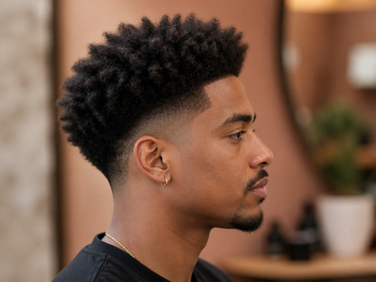 Three-inch undirected freeform 4A natural afro with a clean skin-sharp low fade on the sides on a Black man