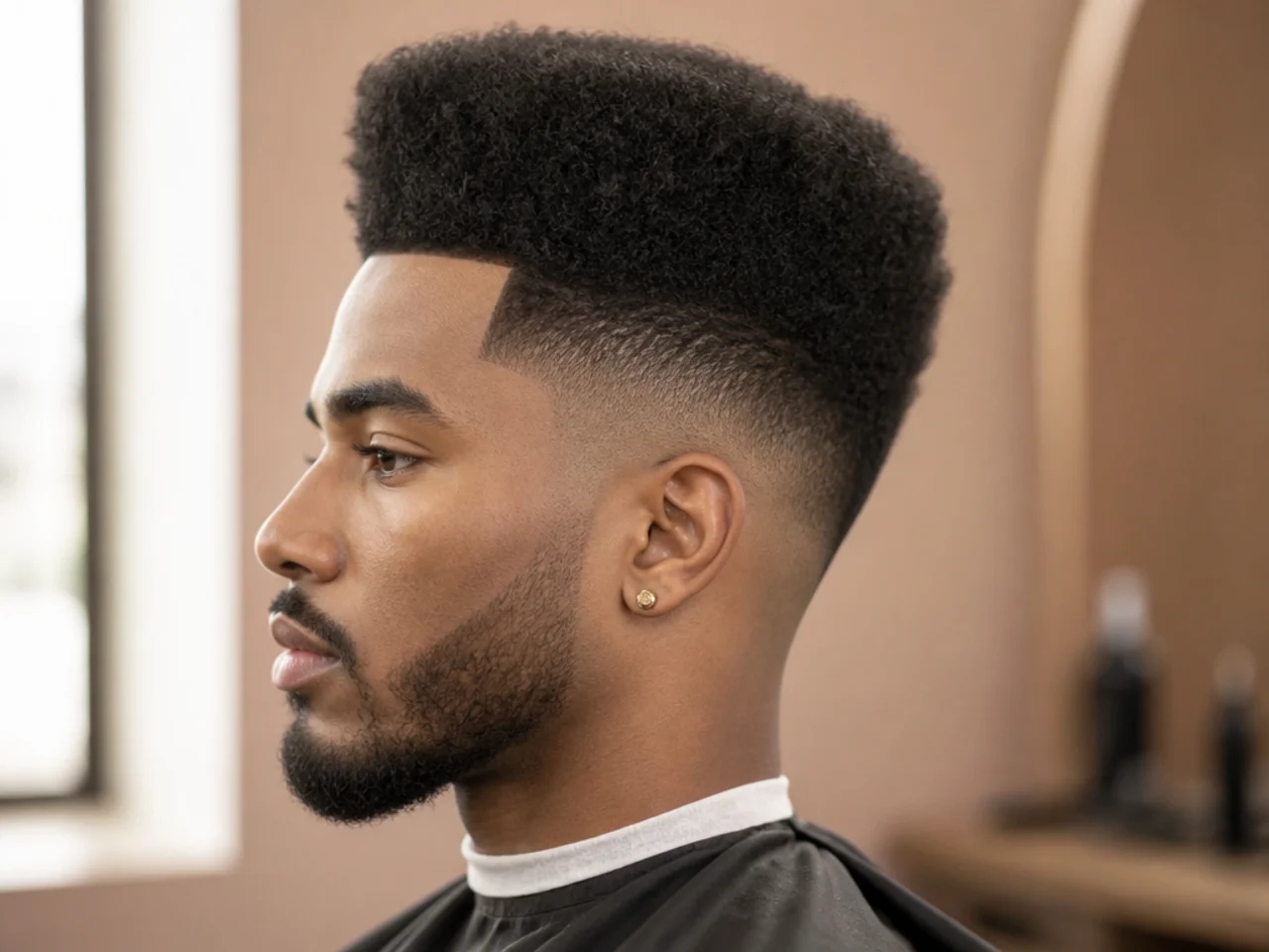 Four-inch high top afro with a rounded crown paired with a low skin fade at the sides on a Black man
