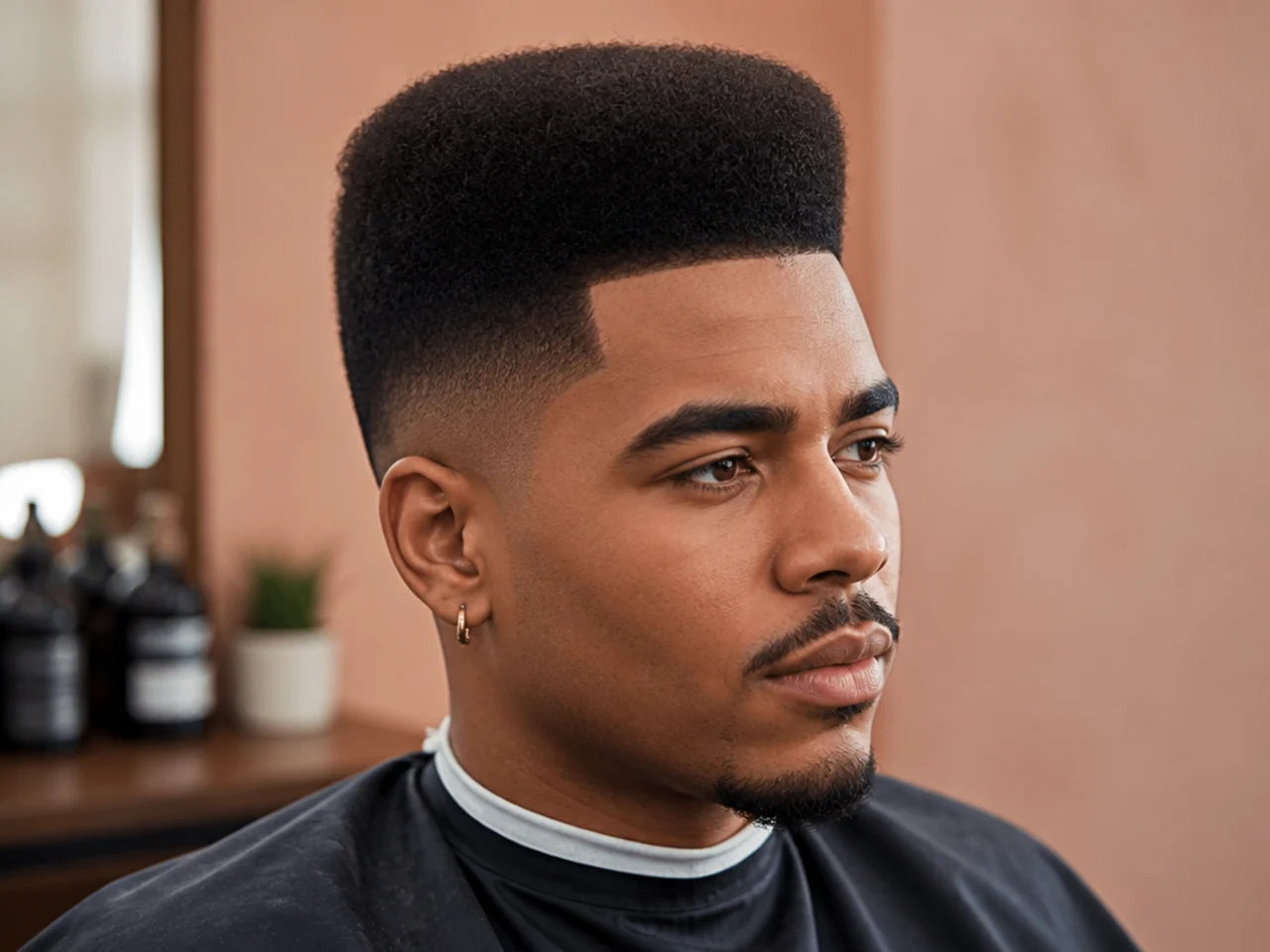 Retro 90s hi-top flat afro at four inches with a modern low skin fade on the sides on a Black man