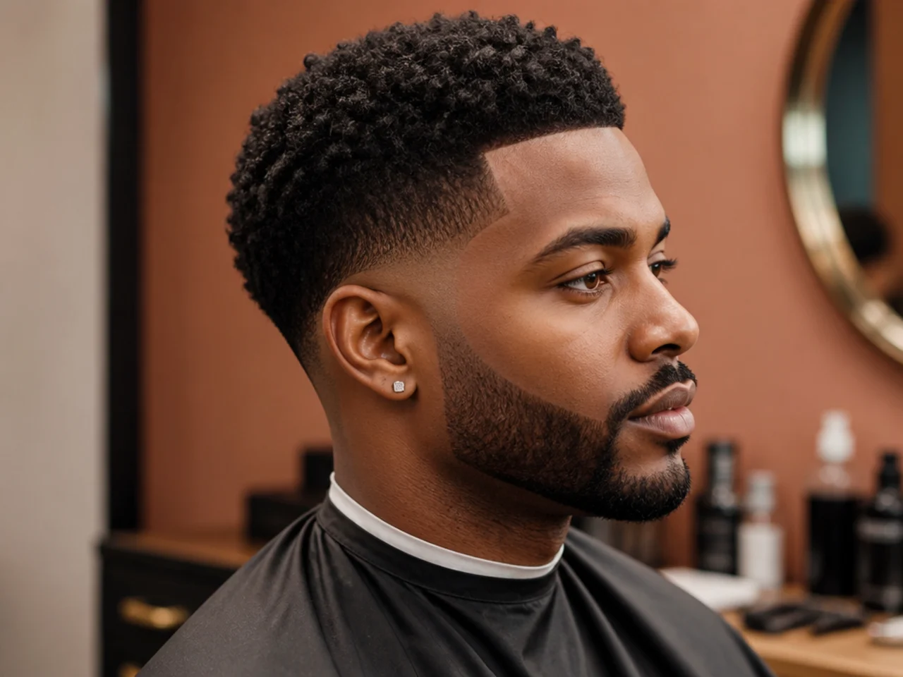 Black barbershop client showing a phone reference photo of a low fade to a Black barber before the cut begins