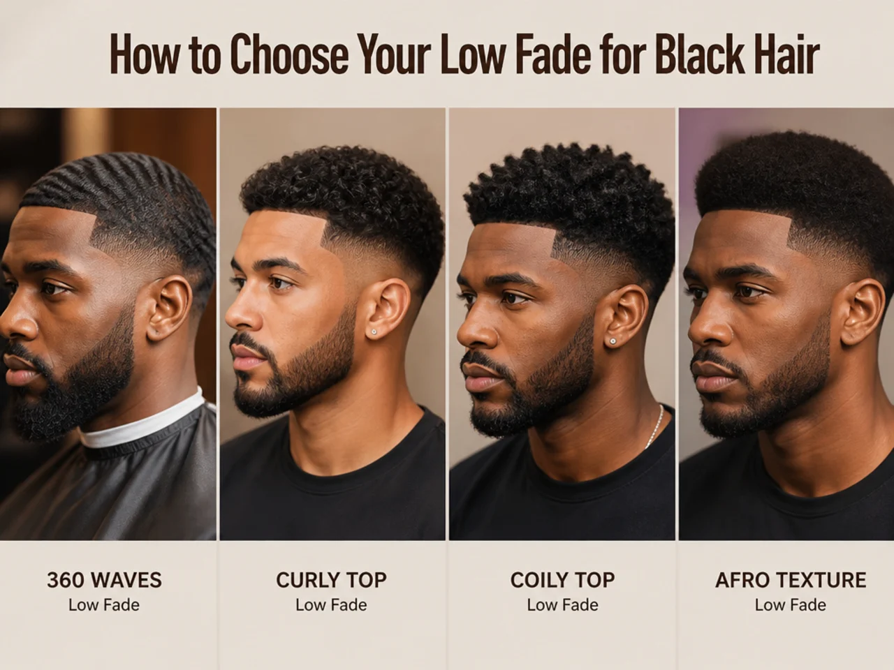 Three Black men side by side showing 360 waves, a picked-out afro, and cornrows all paired with a clean skin-sharp low fade