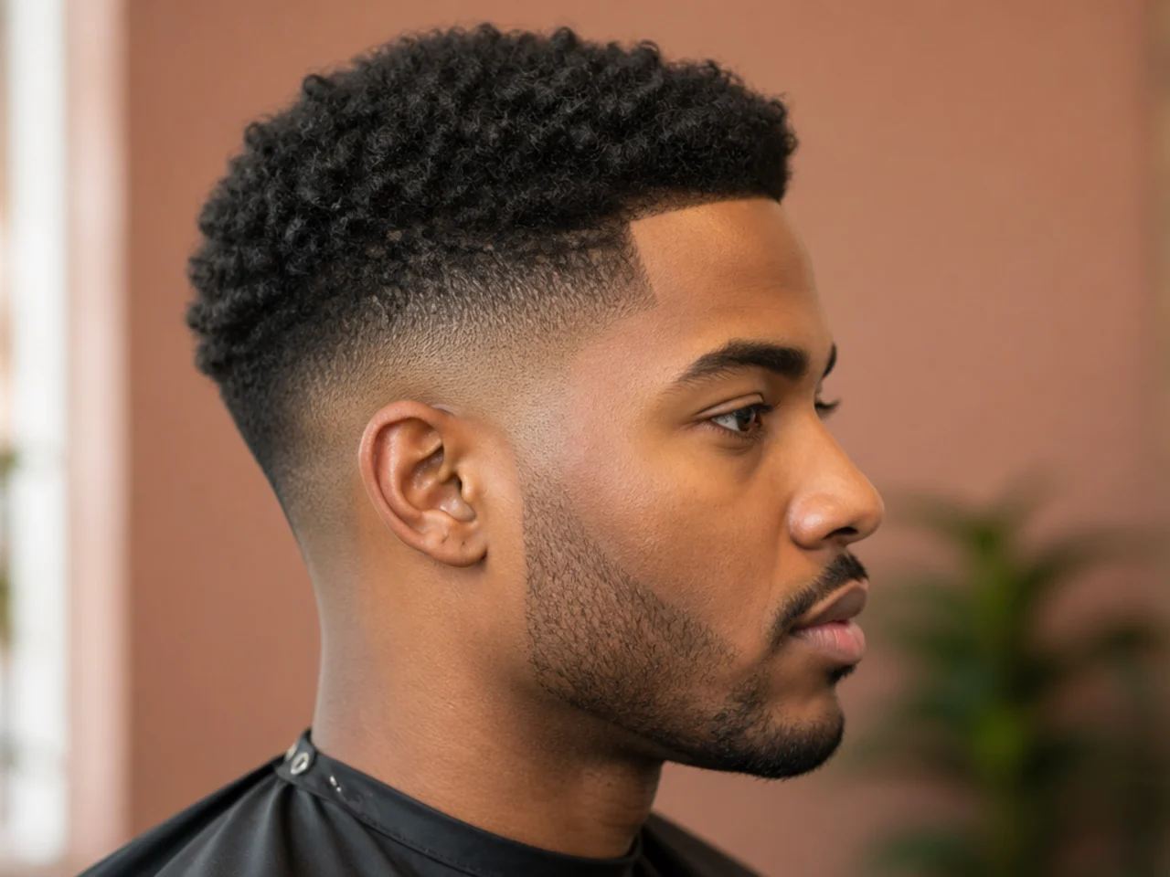 Low fade on 4B natural hair blending to bare skin just above the ear on a Black man with a two-inch textured top