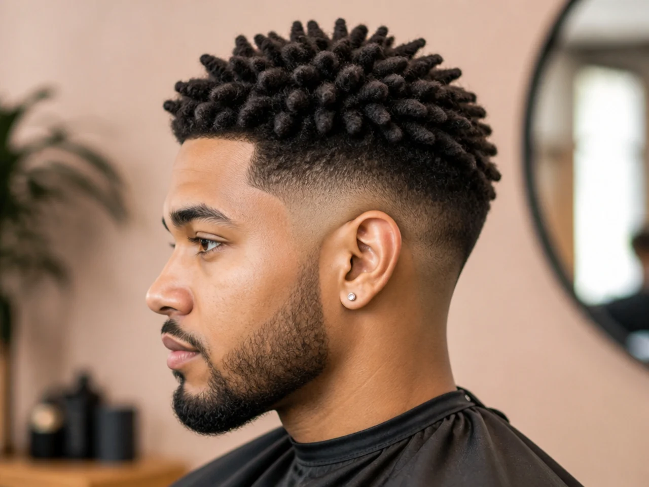 Sponge twist coils on 3C hair with a low skin fade and clean forehead line-up
