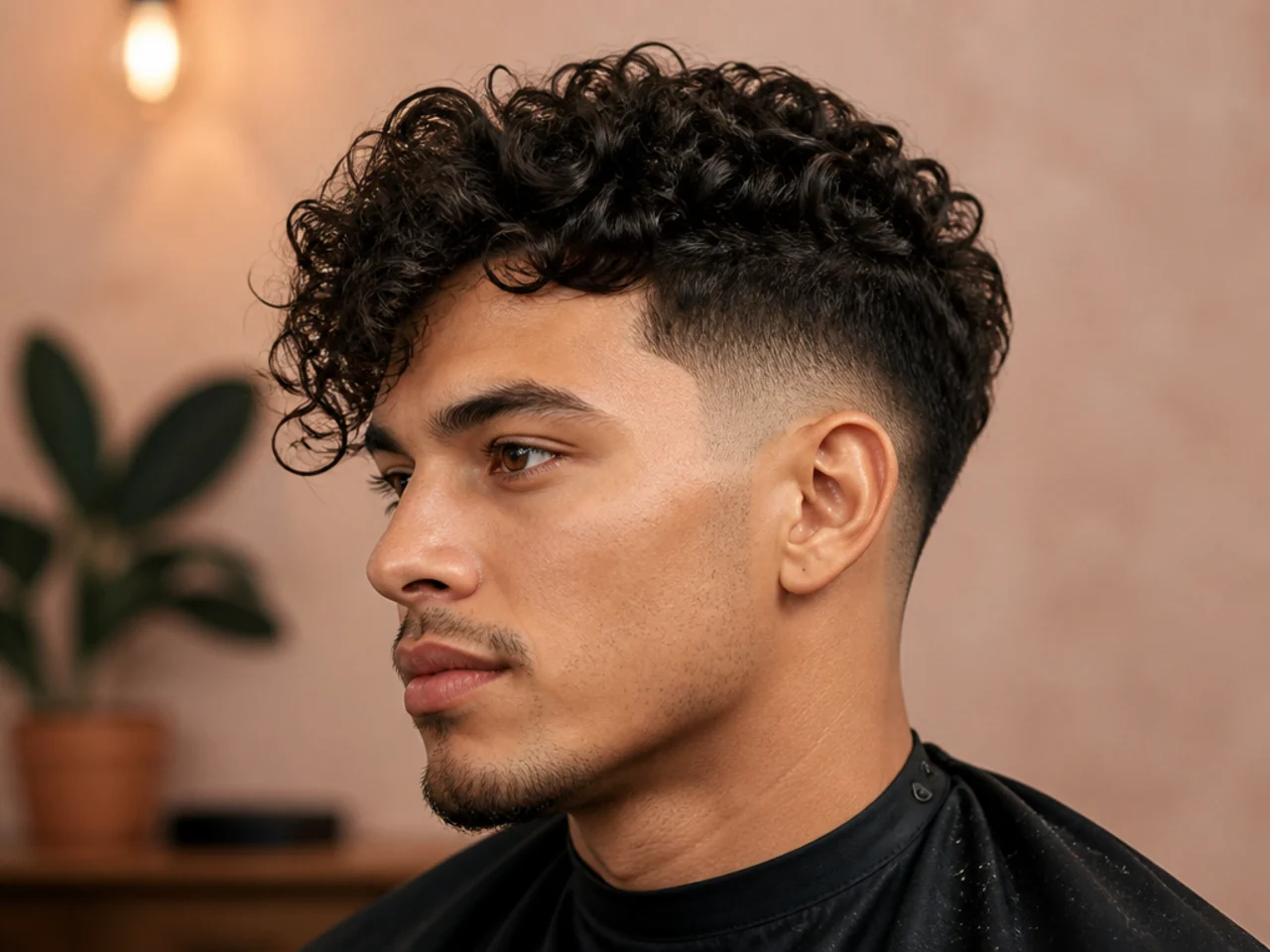 Long curly forward sweep on 3A hair with low fade sides