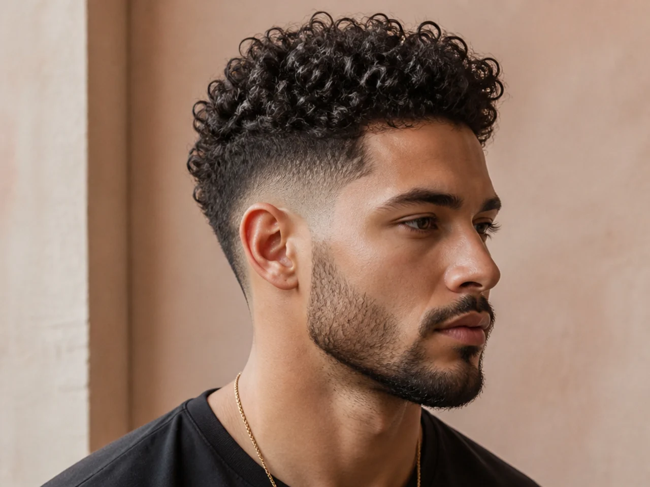 Curly faux hawk with low fade and a strip of 3B curl length running crown to forehead