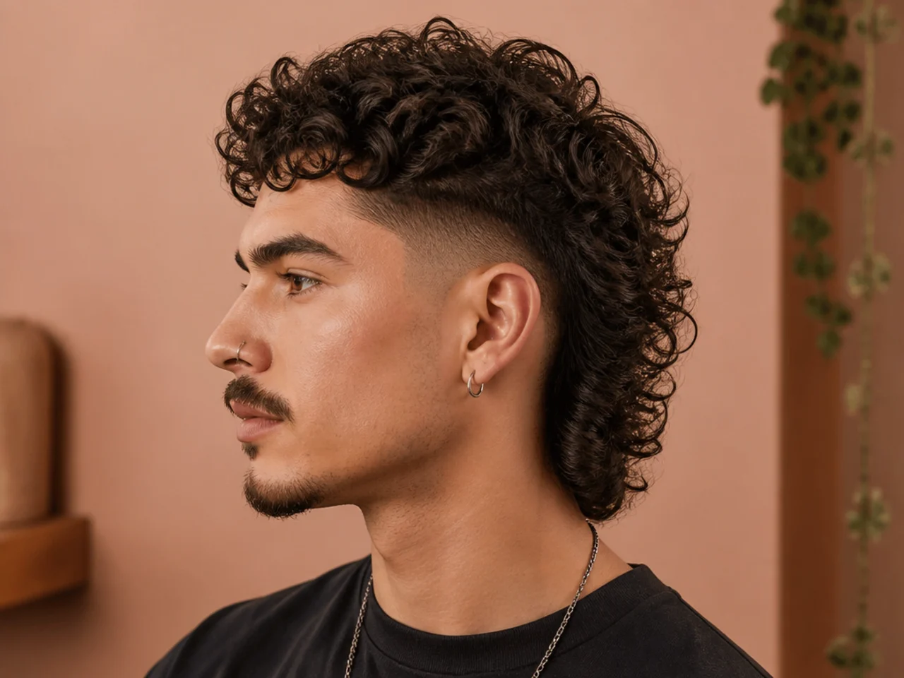 Modern mullet on curly 3B hair with low fade sides and length at the nape