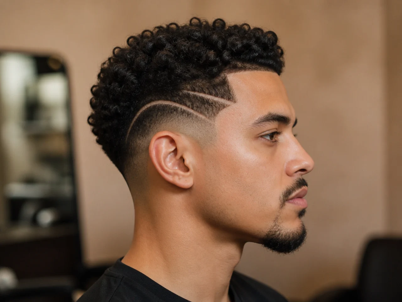 Low fade with a razored line design at the temple and 3C coily top