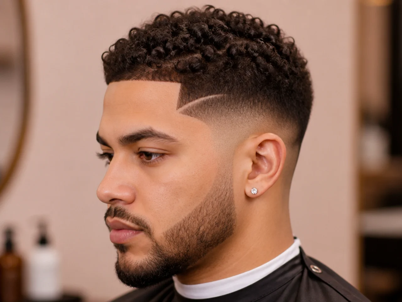 Low fade with a sharp razored line-up at the forehead framing a 3C curly top