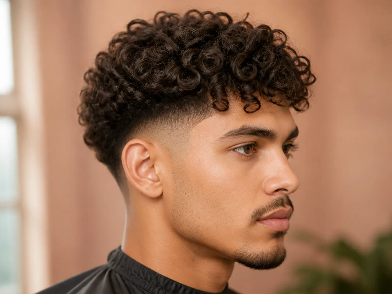 Low fade with a permed curly top on a young Asian man showing defined 3A pattern