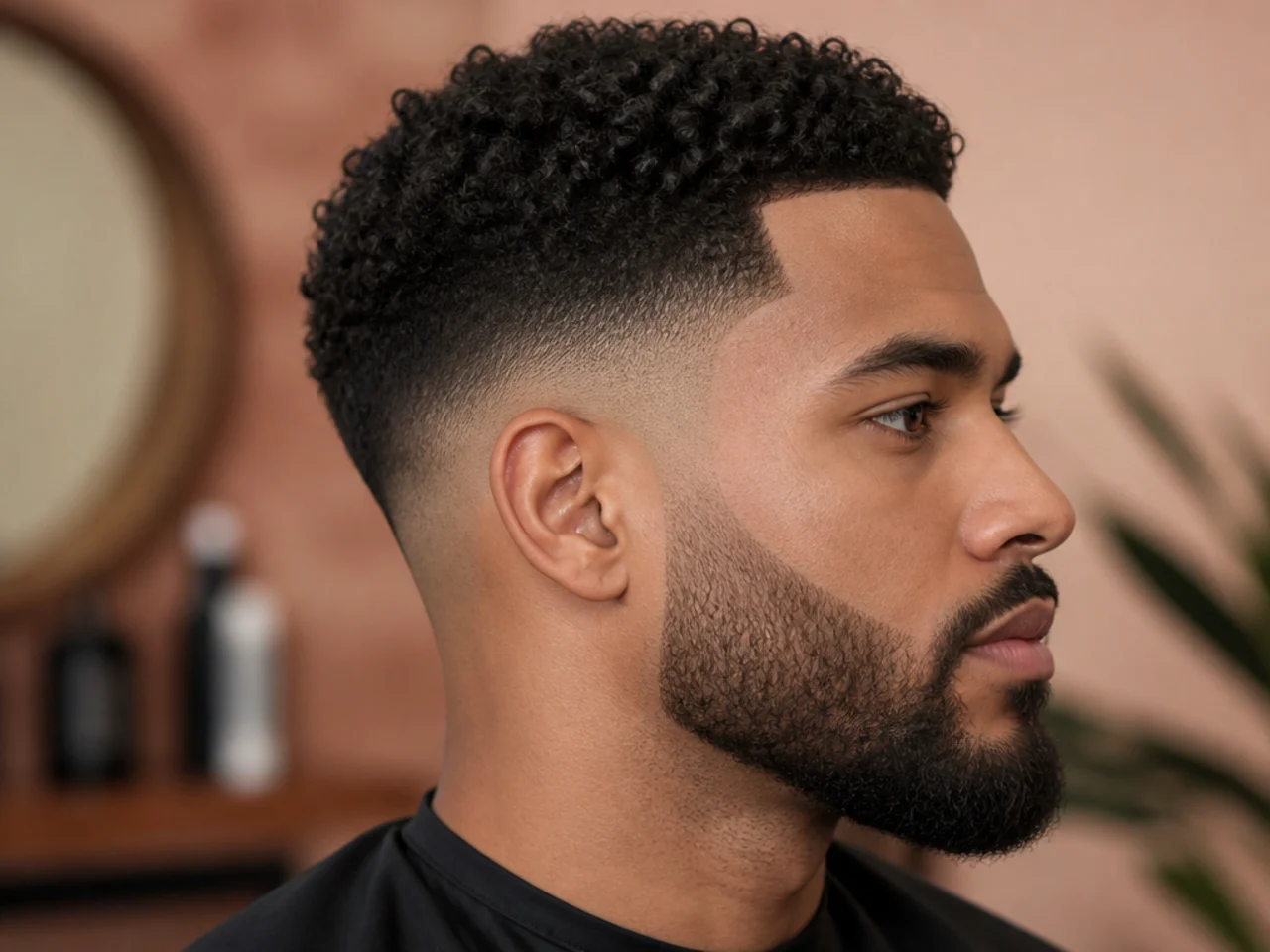 Low skin fade with a beard blend and 3B curly top on a bearded man