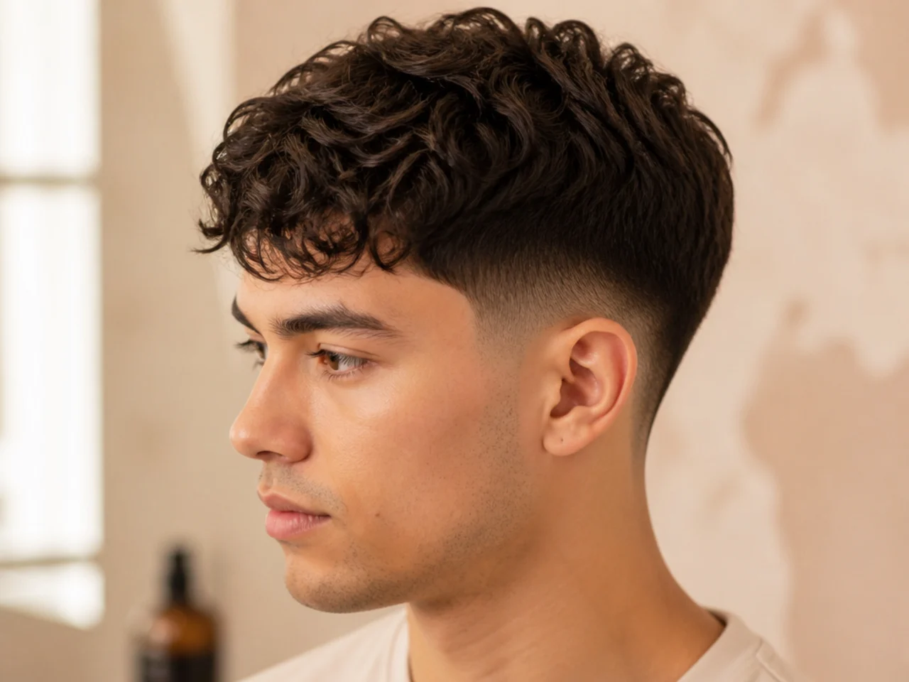 Two-block haircut with a curly 3A top layer covering a low fade underneath