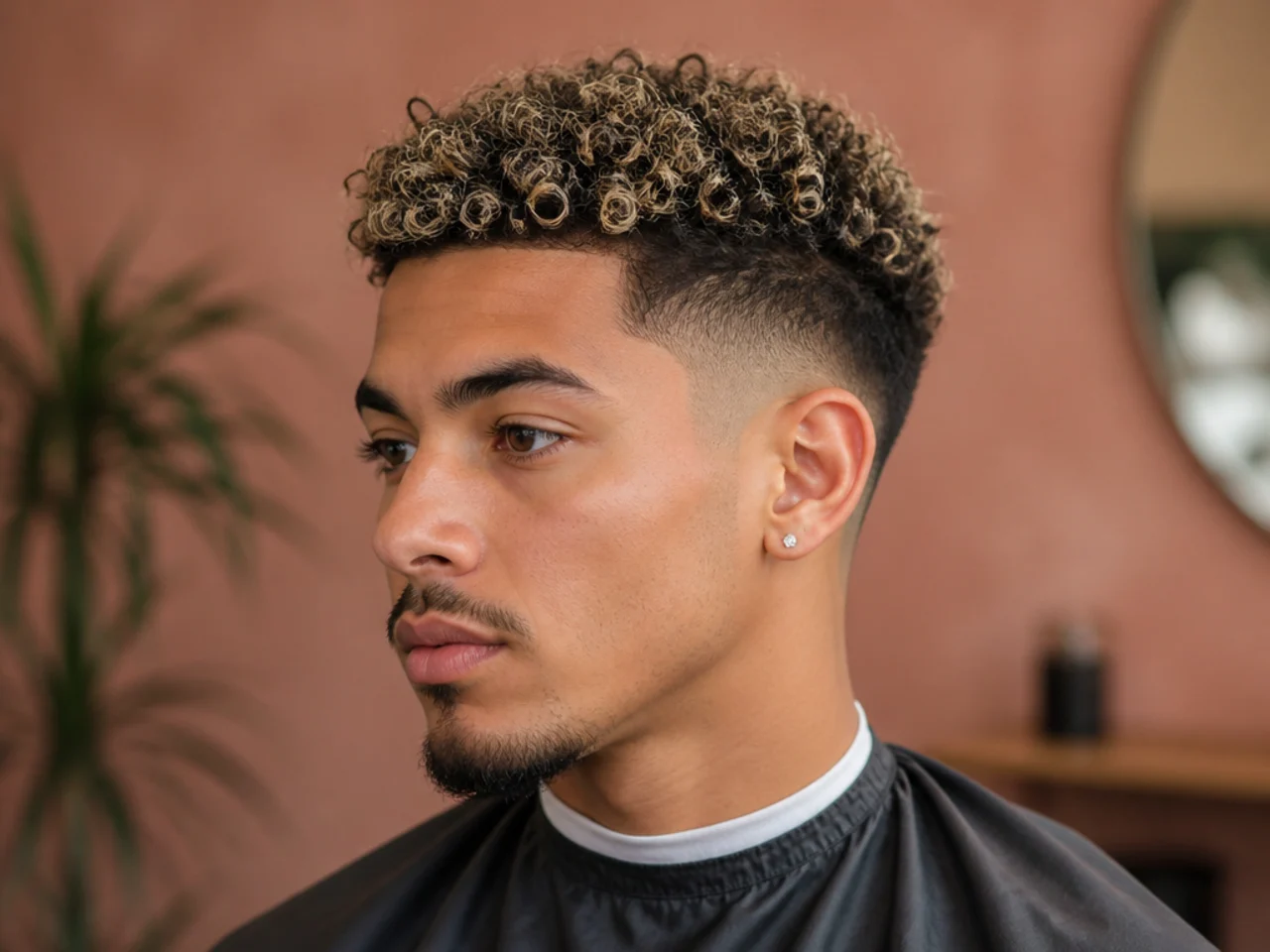 Low fade with bleached blonde tips on 3A curls and dark roots