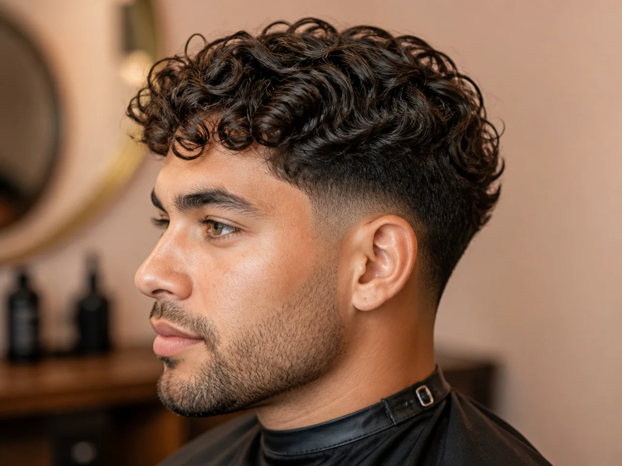 Low fade with loose 2C to 3A waves brushed back on medium length hair