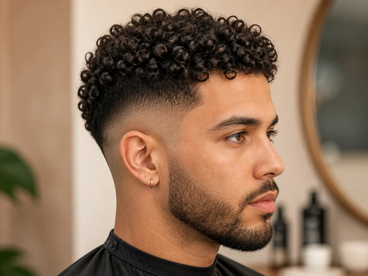 Low skin fade with four inches of 3B corkscrew curls on top and clean transition above the ear