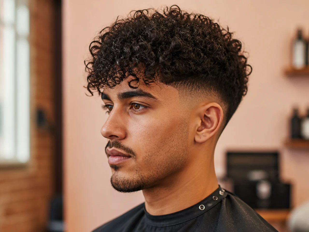 Low fade with a curly textured fringe falling past the brows on 3A hair