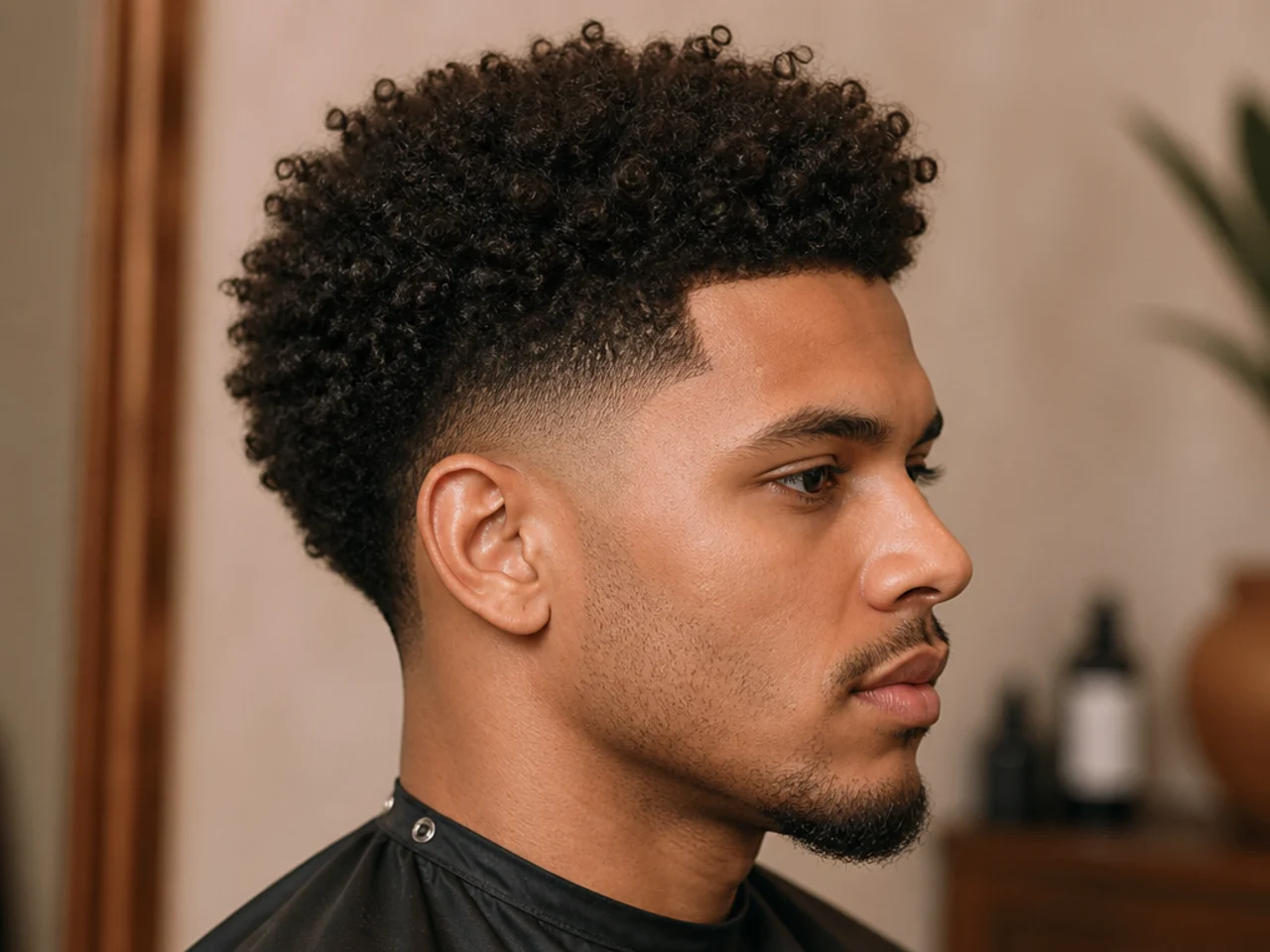 Low fade with a natural 3C afro top and razored line-up at the forehead