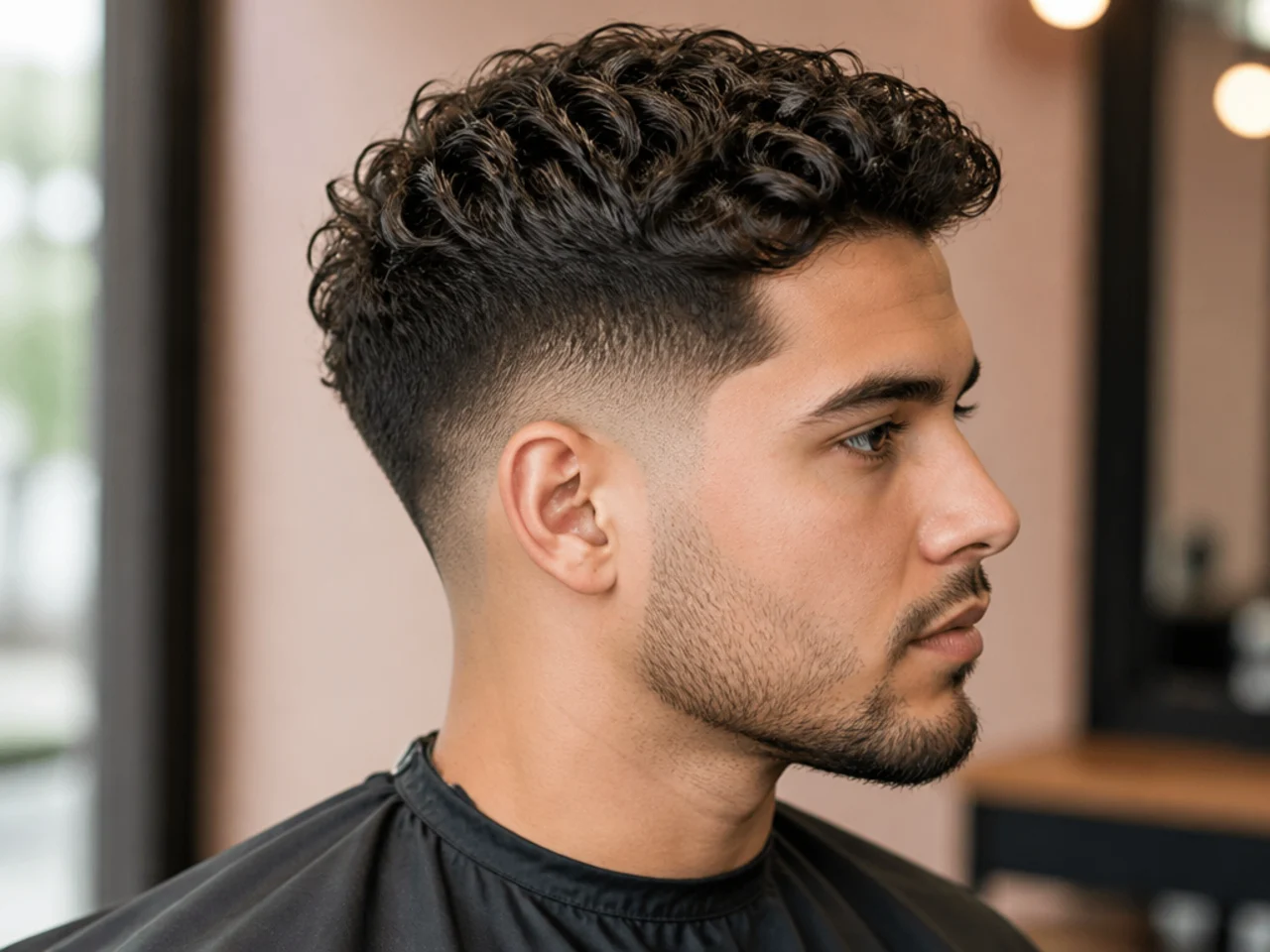 Low fade with a curly comb-over on 3A hair styled over a hard part
