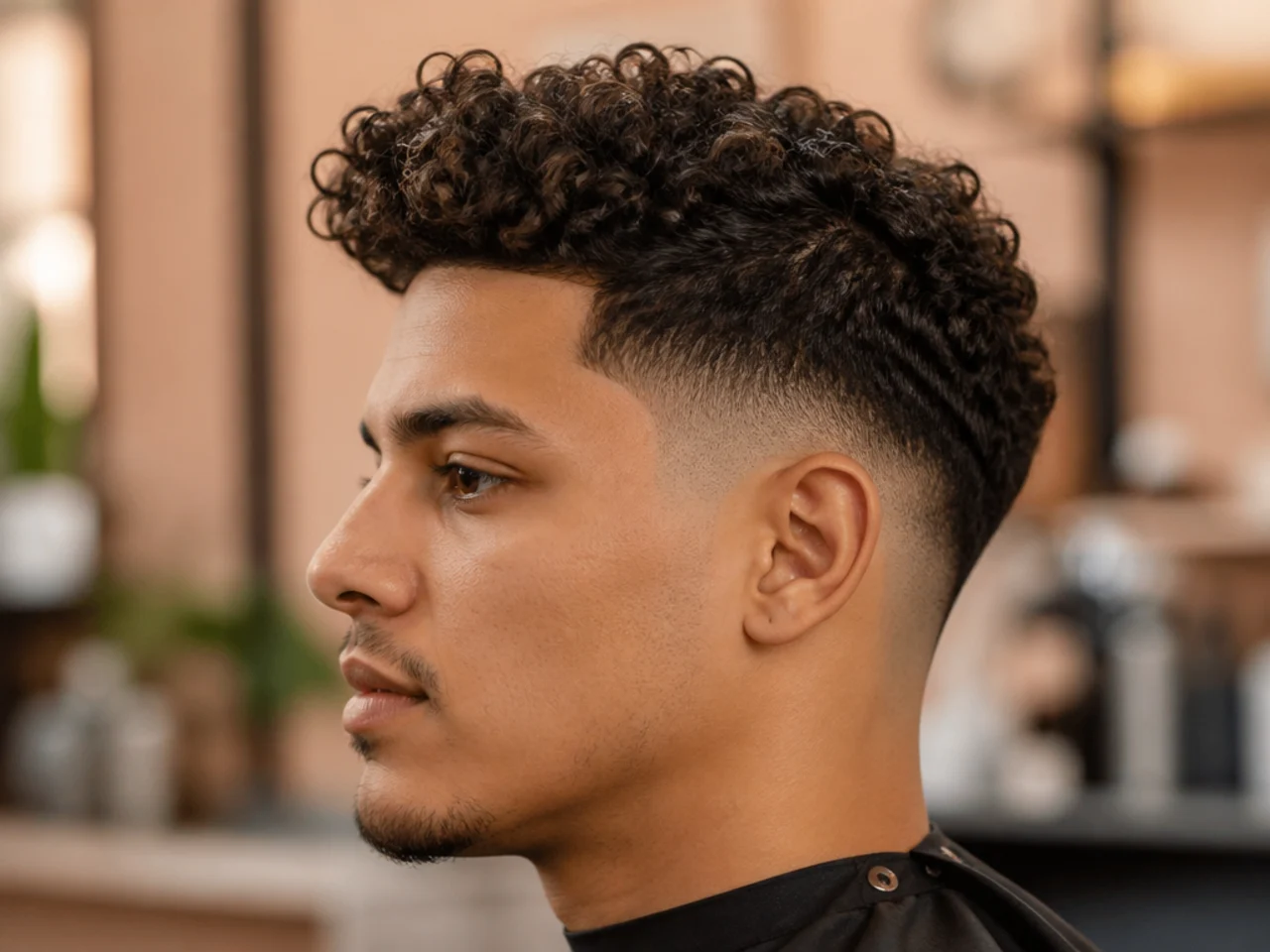 Low skin fade with a curly quiff lifted at the front on 3B hair