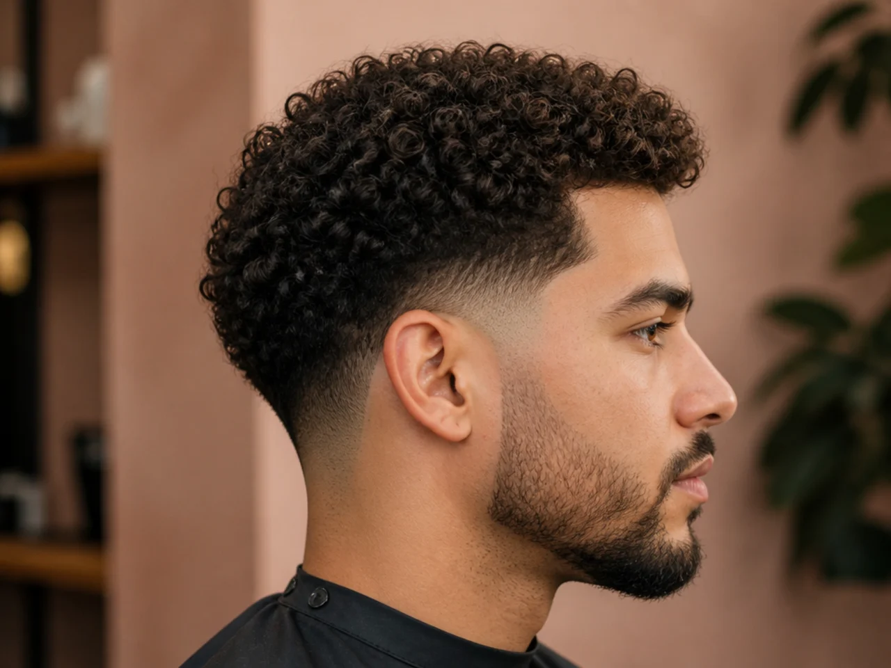 Low drop fade curving behind the ear with 3B corkscrew curls on top
