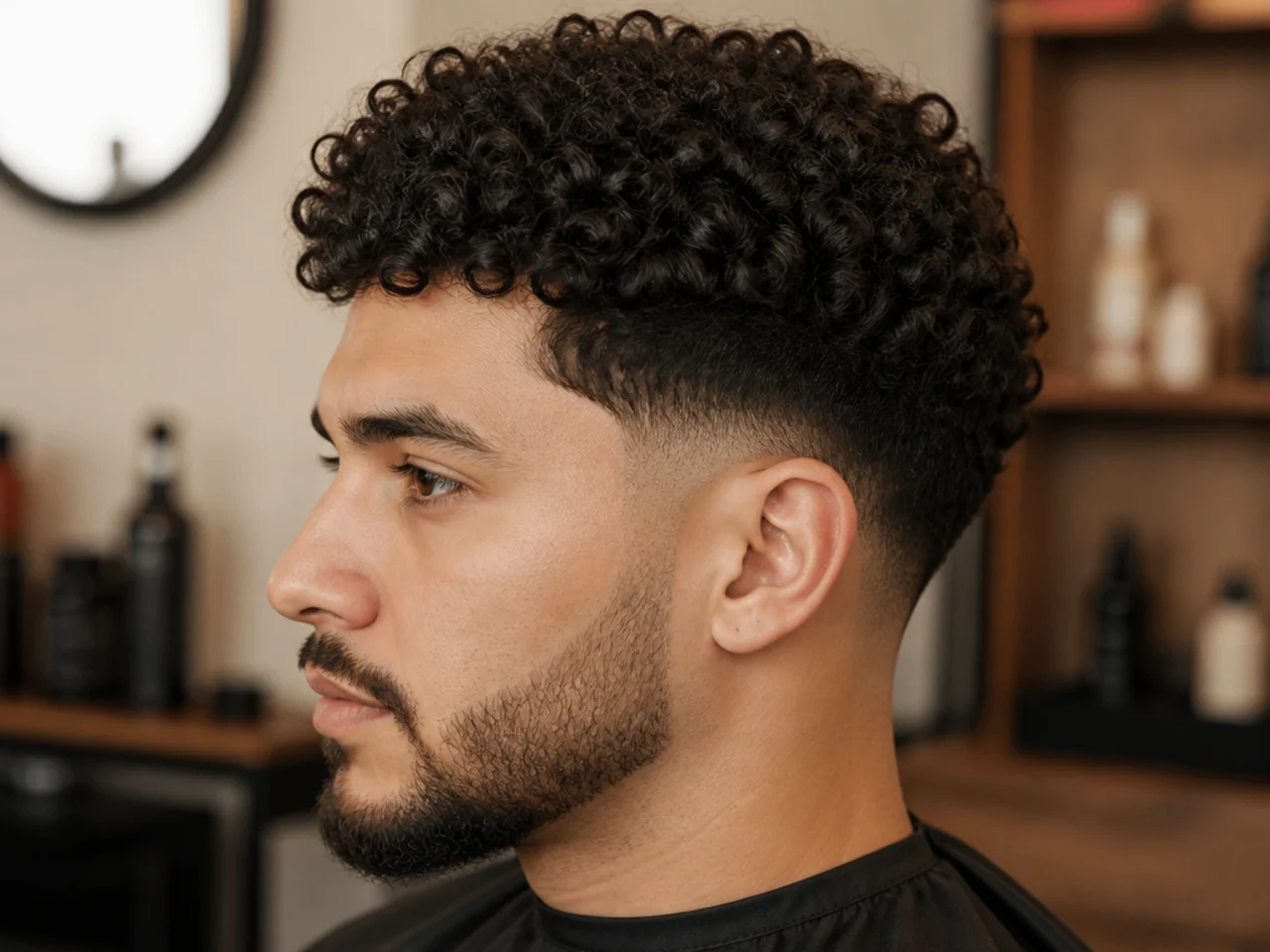 Curly-haired client showing a phone reference photo to a barber before a low fade