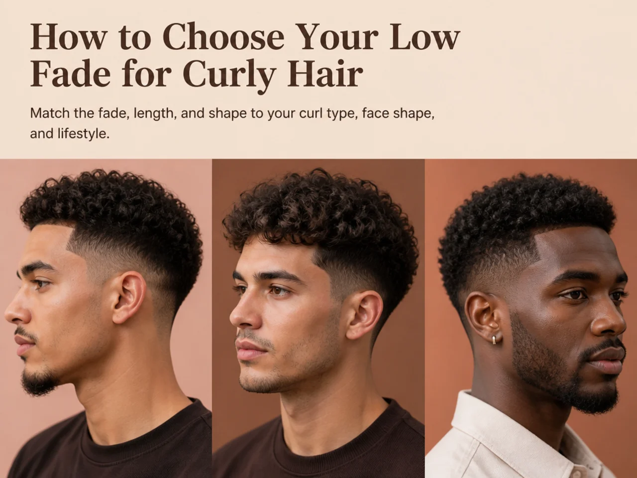 Three curly-haired men side by side showing different low fade top lengths on 3A, 3B, and 3C hair