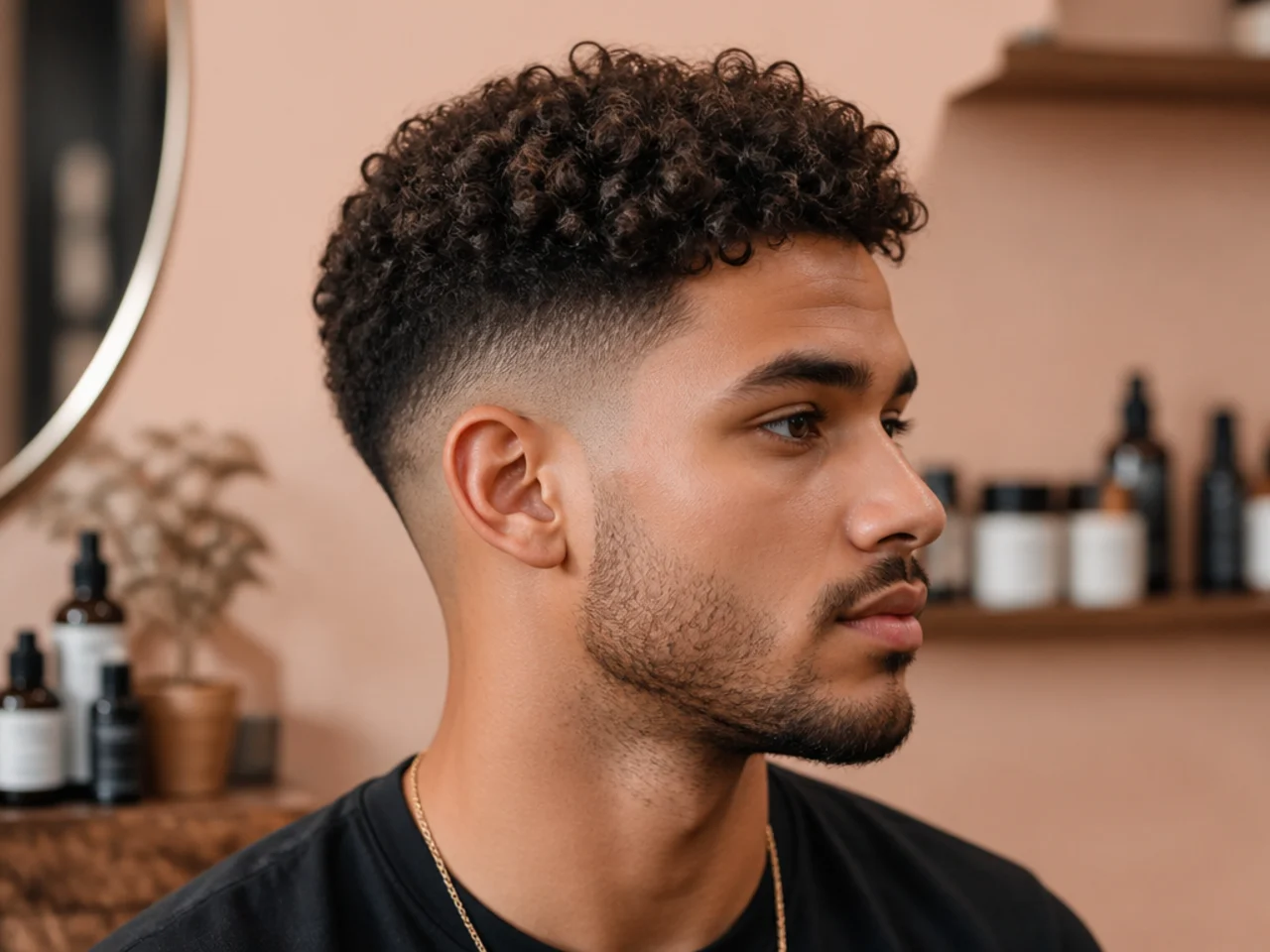 Curly hair styling essentials for a low fade — leave-in, curl cream, microfiber towel, wide-tooth pick, and diffuser